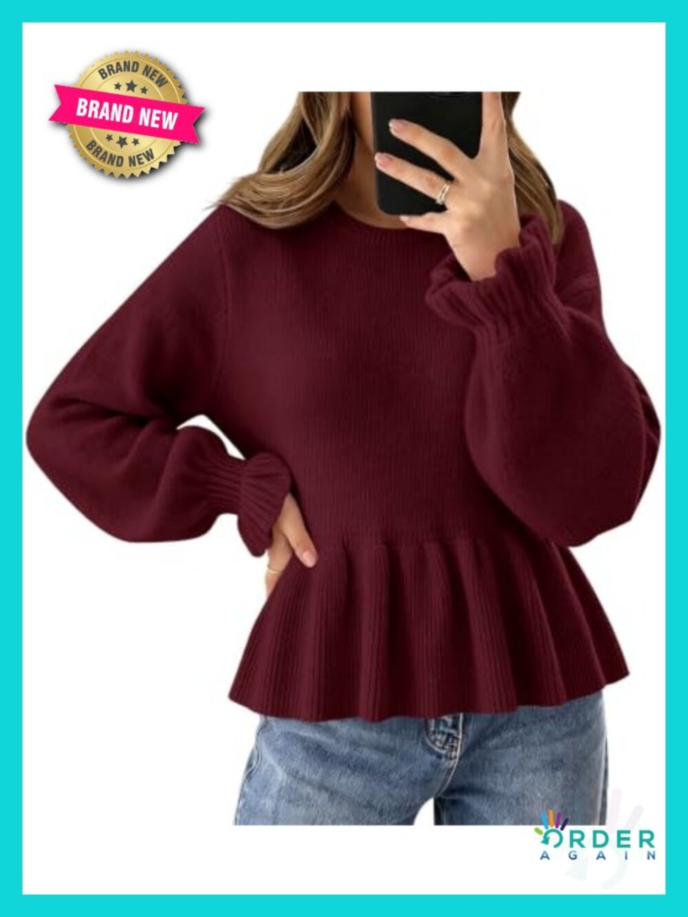 Cropped Ribbed Knit Babydoll Peplum Sweater Ruffle Cuff Pullover